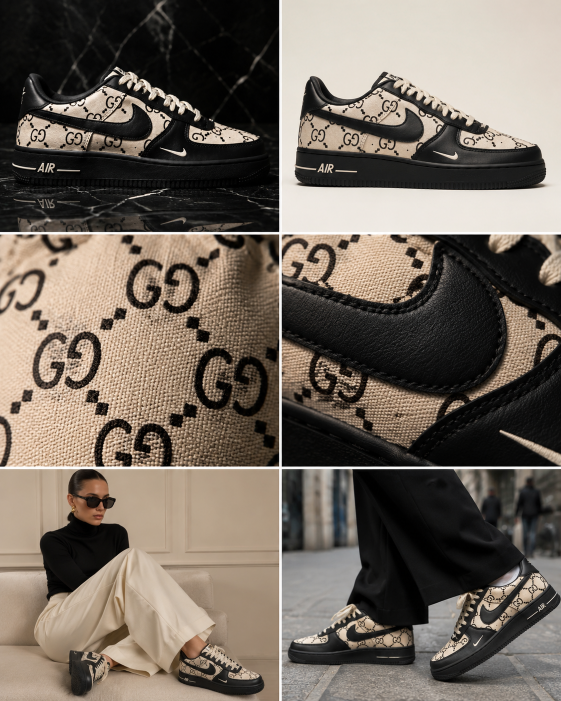 Cream and black monogram low-top sneaker shown in product and editorial collage