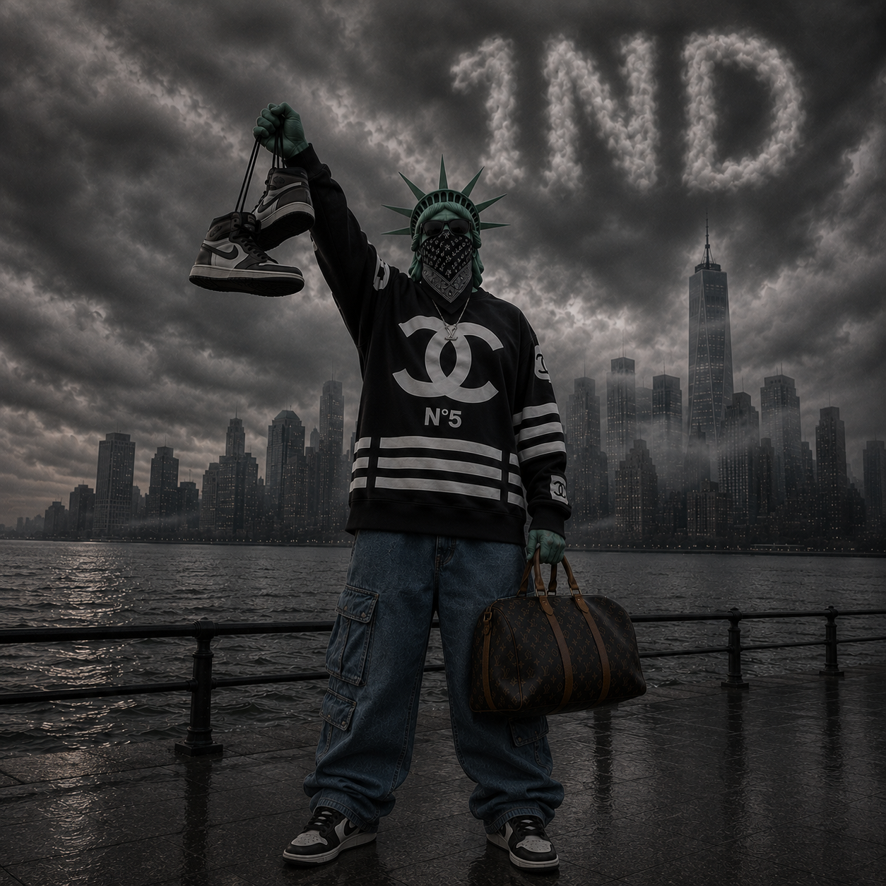 Statue of Liberty reimagined in luxury monogram streetwear holding sneakers and a designer bag