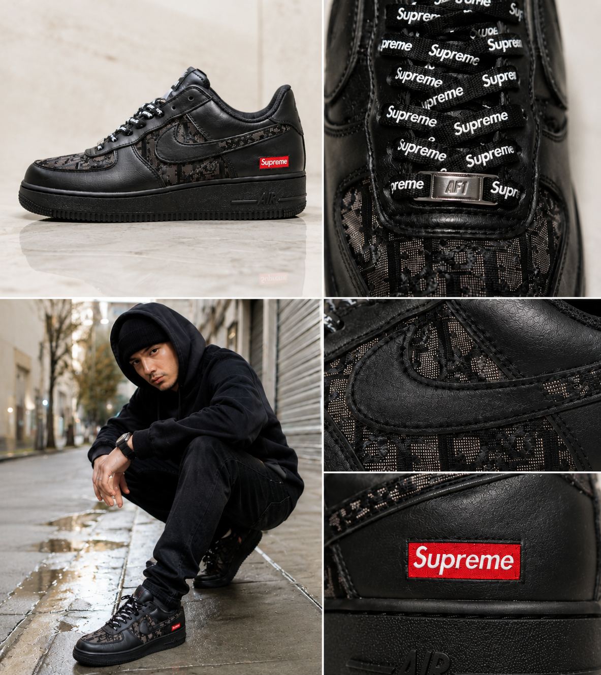 Black custom low-top sneaker with tonal monogram paneling and red box-logo accent