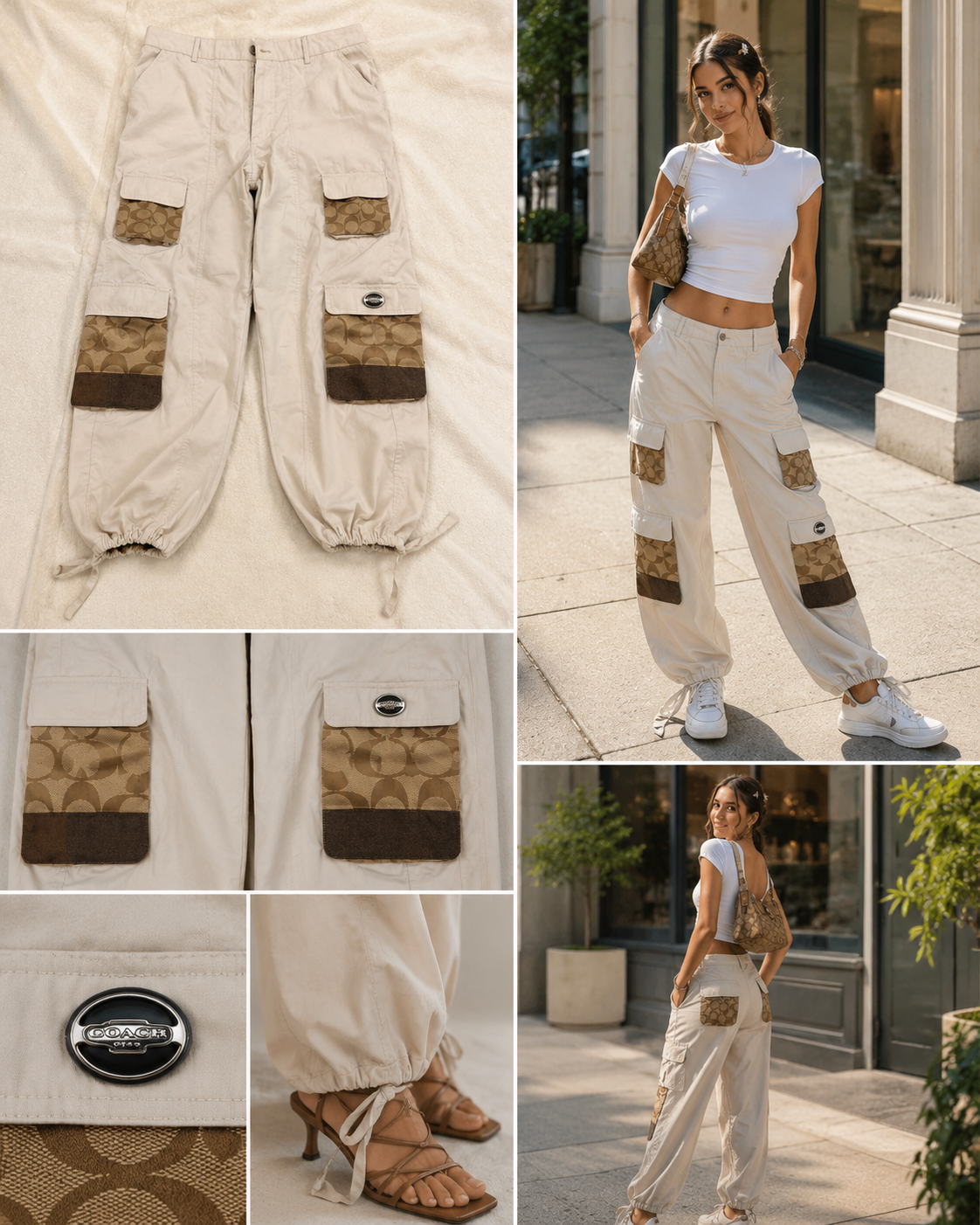 Cream cargo pants with monogram paneling and styled editorial collage views