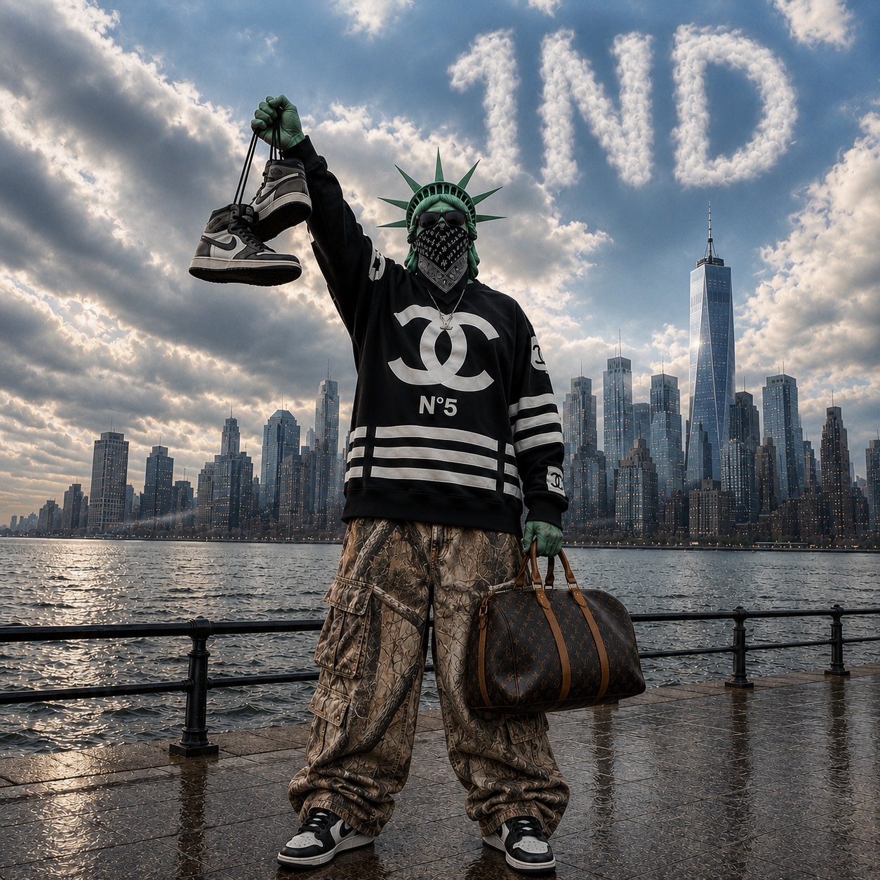 Statue of Liberty in luxury Chanel streetwear holding sneakers and a Louis Vuitton bag against the NYC skyline