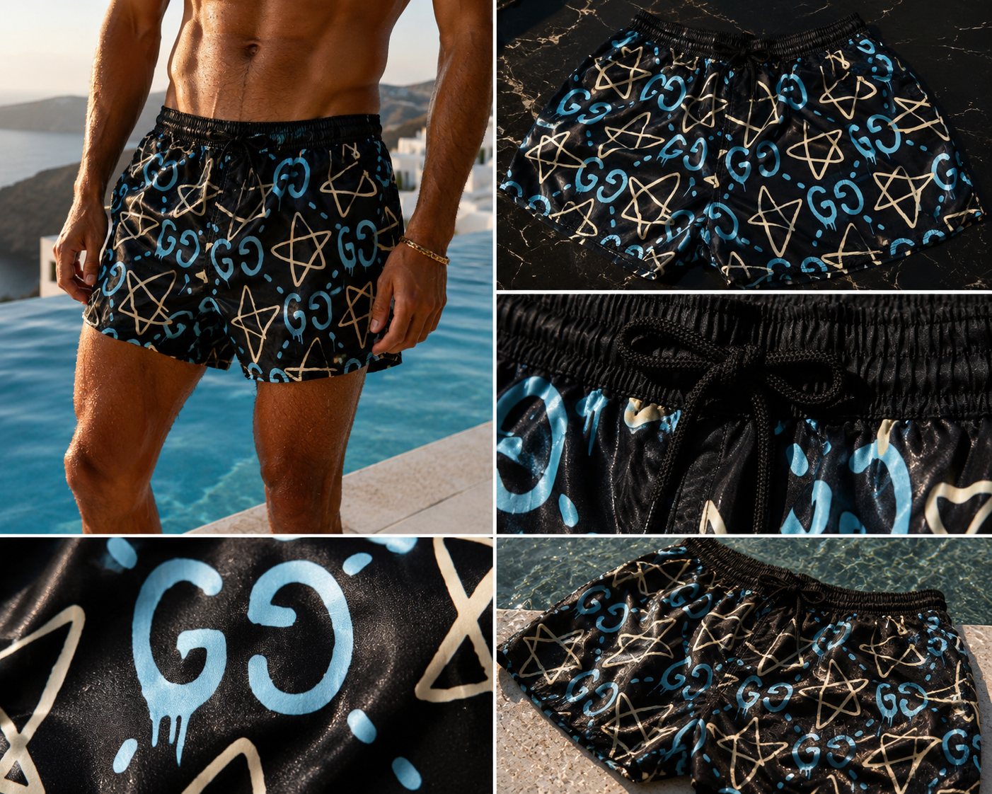 Black swim shorts with blue graffiti pattern and editorial collage details