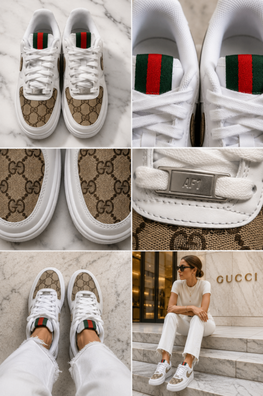 White monogram low-top sneaker with green-red tongue tabs and editorial luxury styling