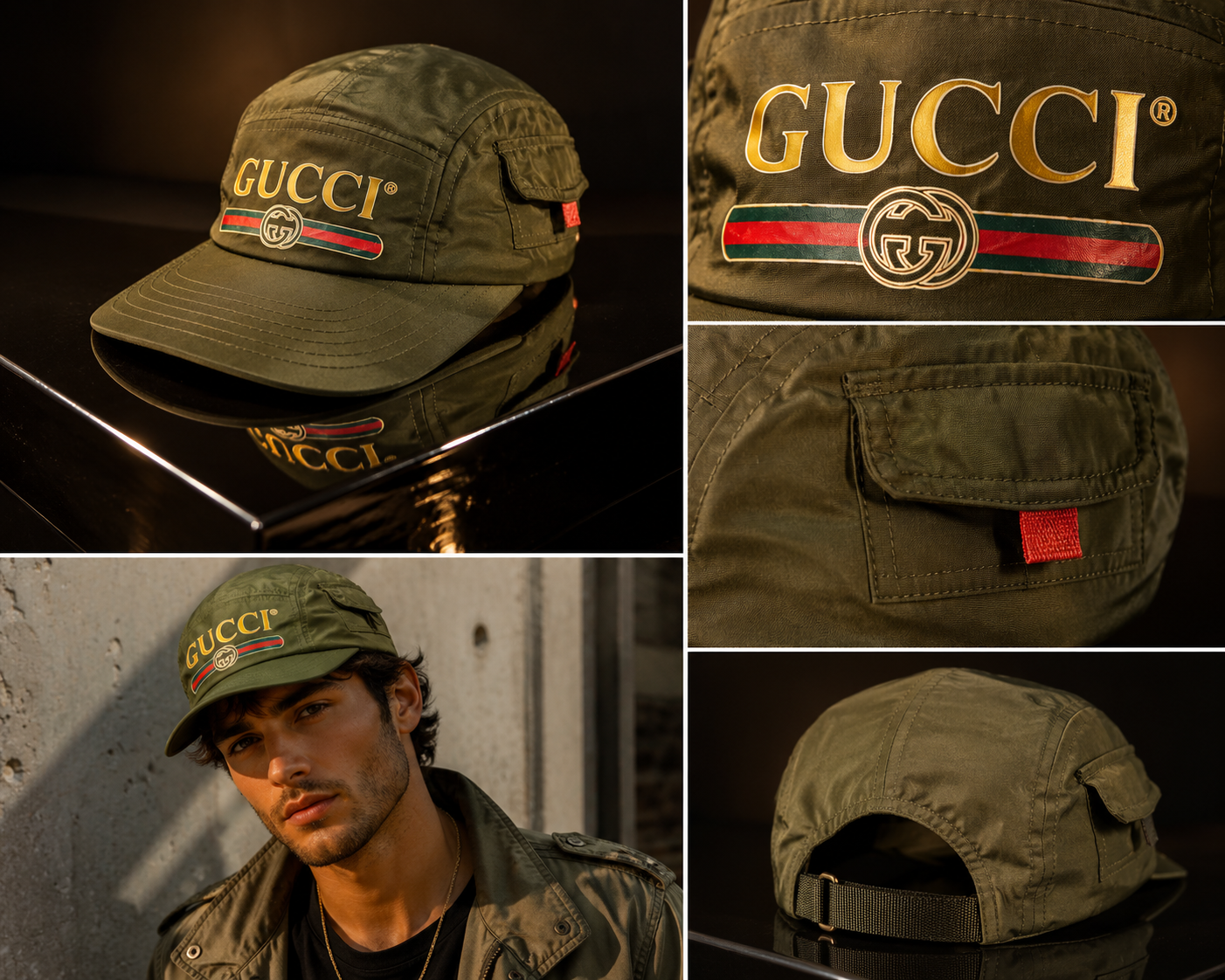 Olive Gucci cap with embroidered front graphic and editorial collage imagery