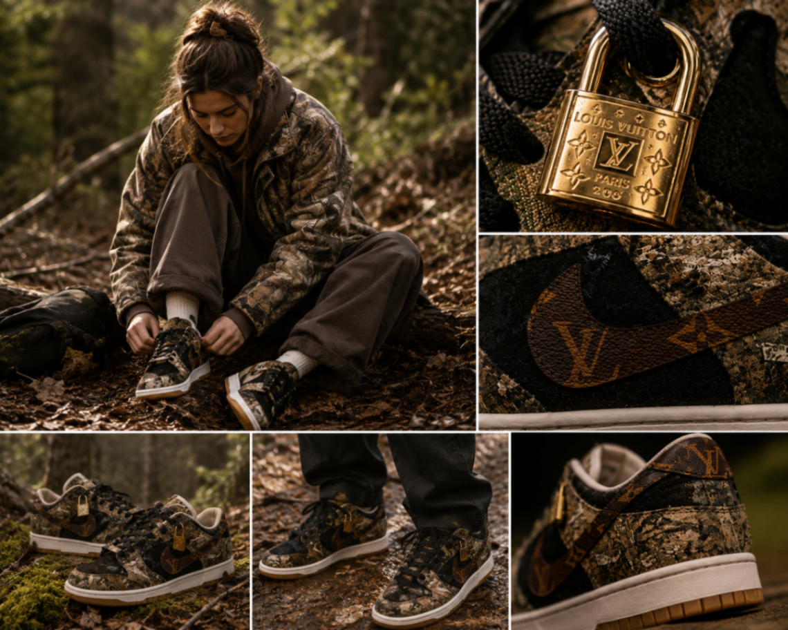Forest-toned custom low-top sneaker with lock and monogram accents