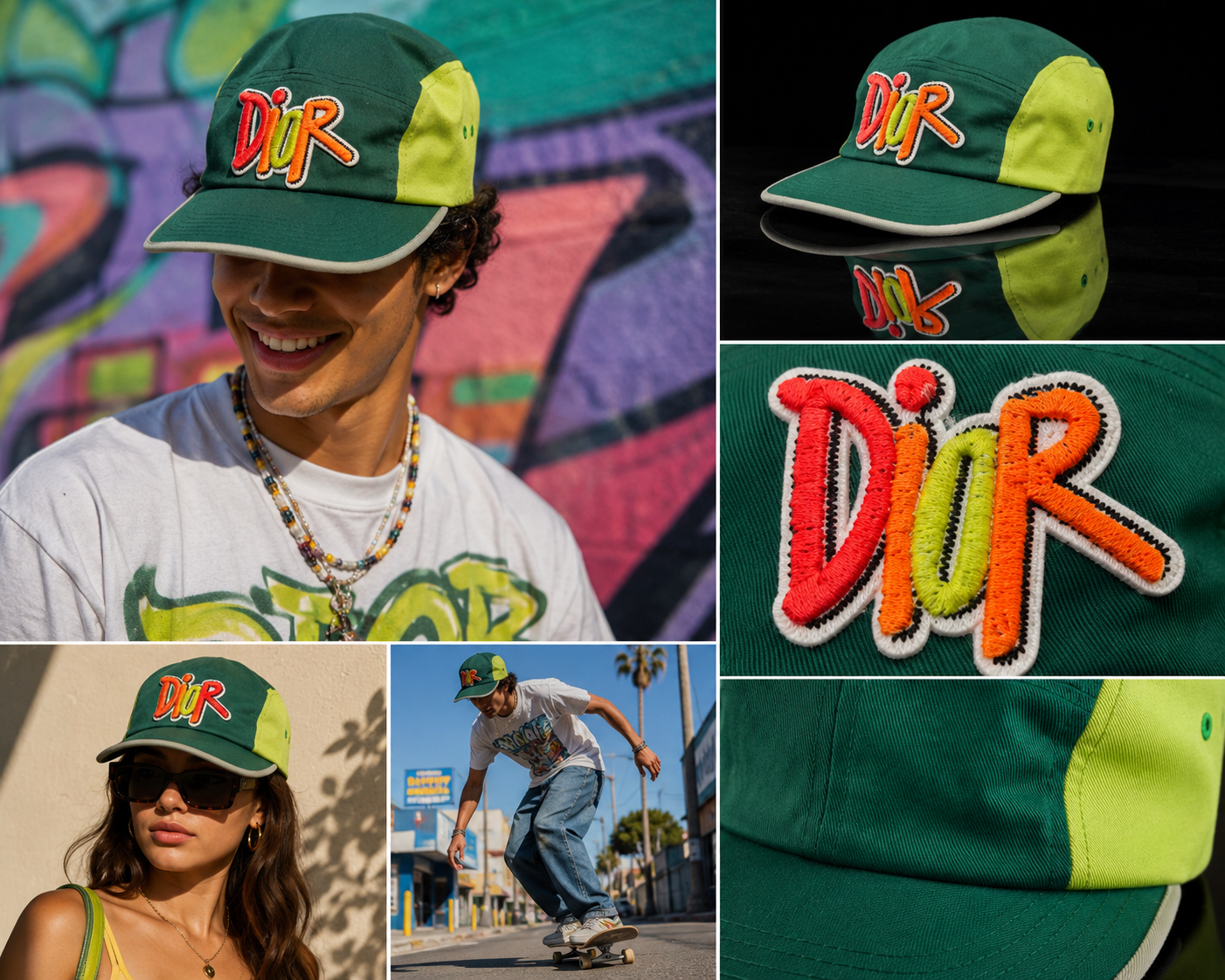 Green Dior cap with graffiti-style embroidery and editorial collage imagery