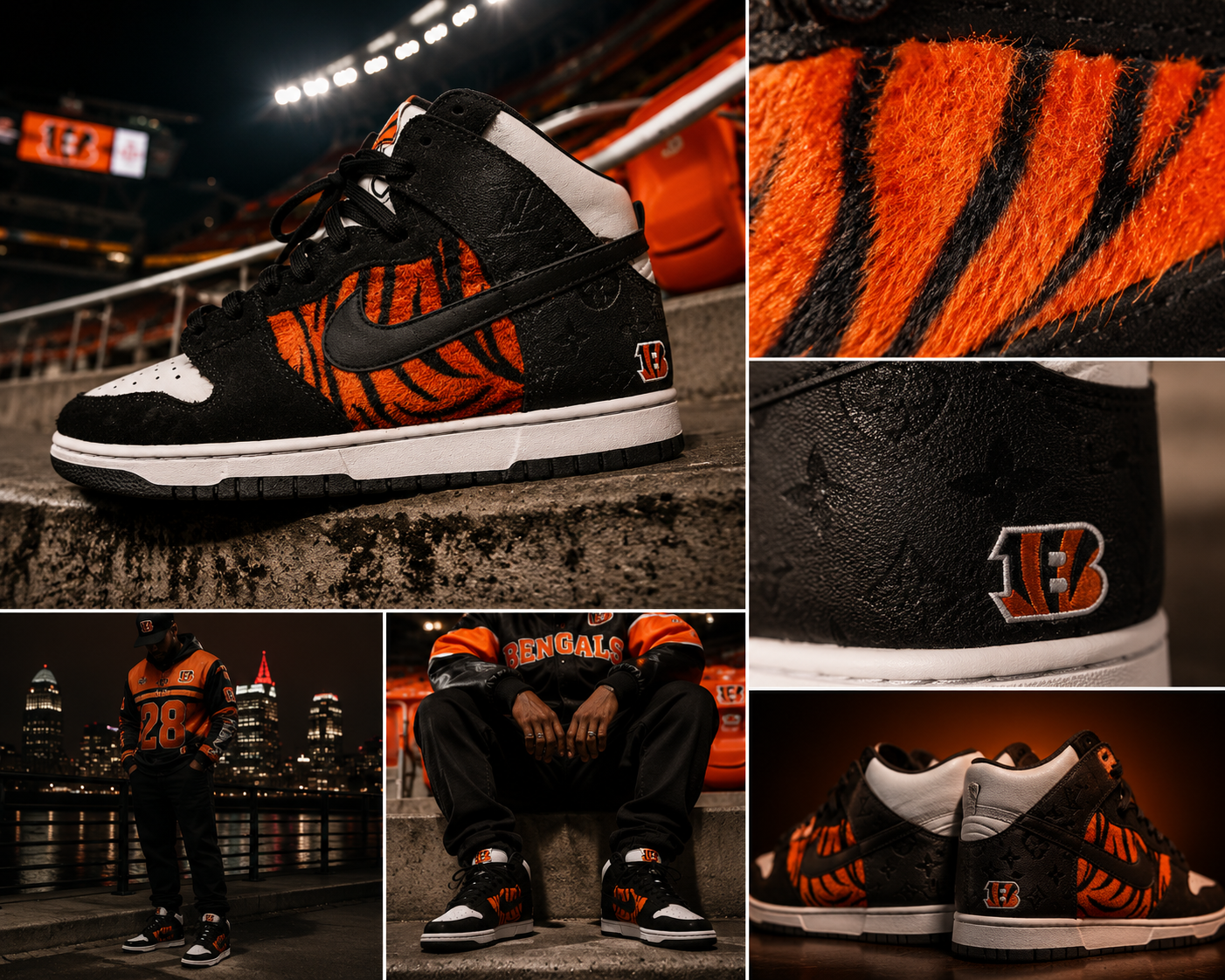 Black and orange custom high-top sneaker with stadium-inspired collage imagery