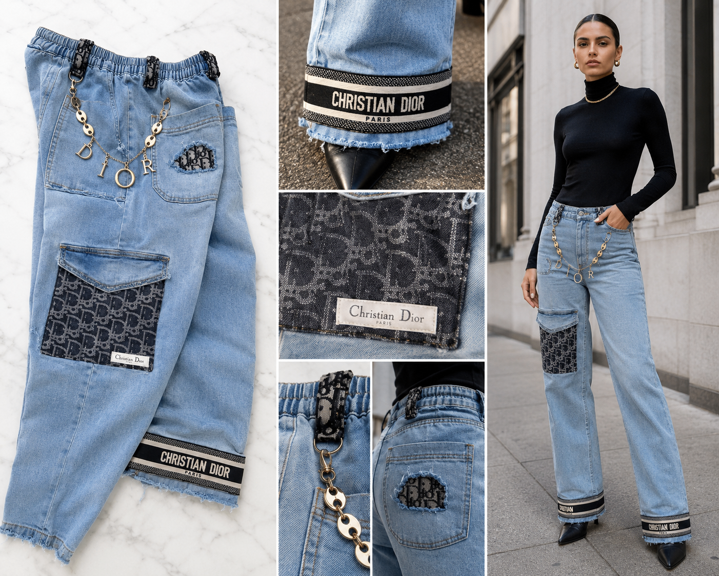 Light-wash Dior denim with chain detail and monogram patch collage