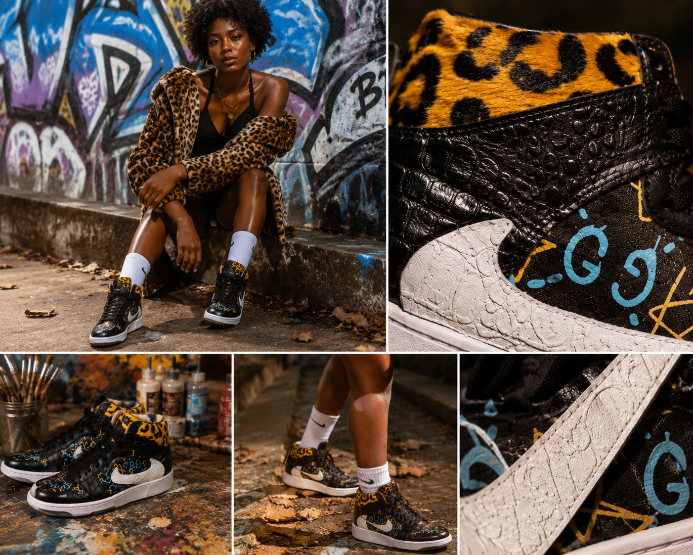 Black and leopard custom high-top sneaker with painted details