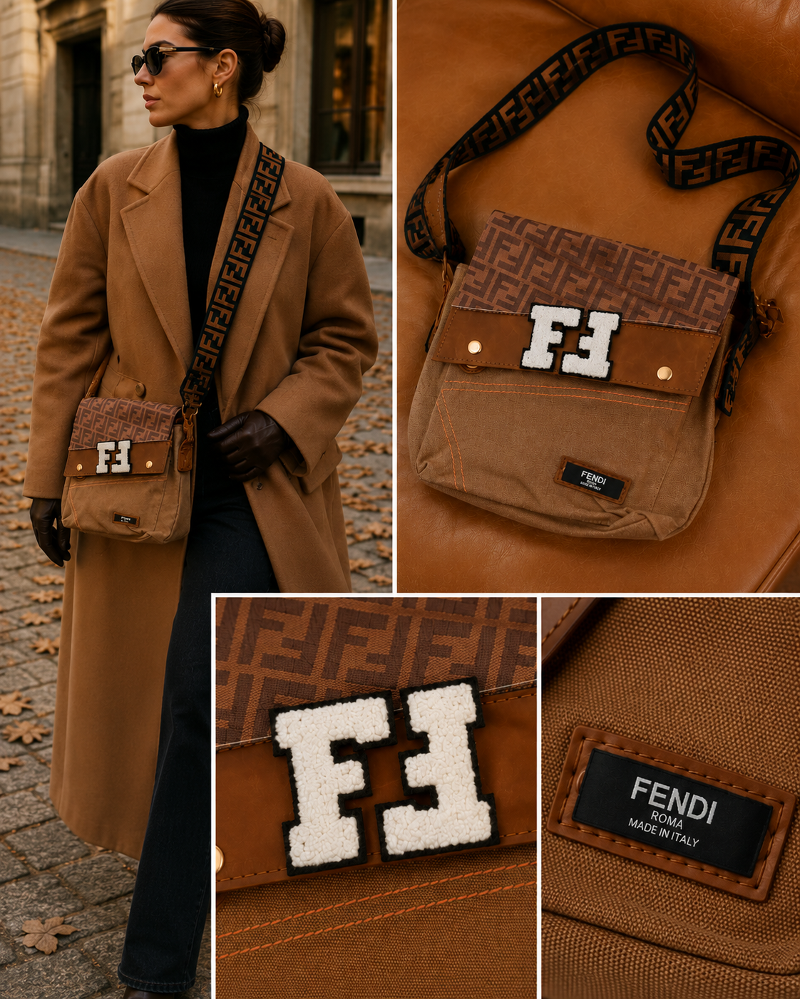Brown monogram shoulder bag with black patterned strap and detailed editorial collage views