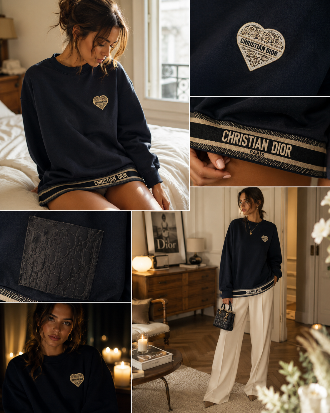 Navy Dior lounge sweatshirt with editorial collage details